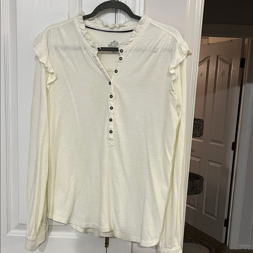 Anthropologie Pilcro cream ruffle detail long sleeve knit Henley Size XL